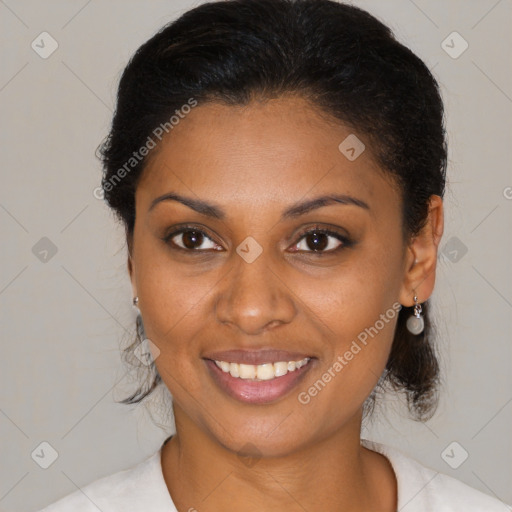 Joyful latino young-adult female with medium  brown hair and brown eyes