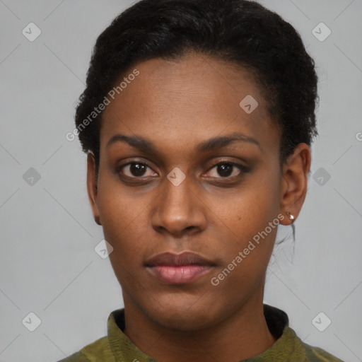 Neutral black young-adult female with short  brown hair and brown eyes