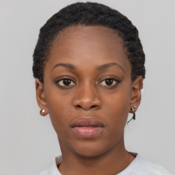 Neutral black young-adult female with short  black hair and brown eyes