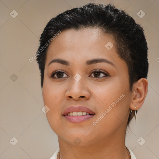 Joyful latino young-adult female with short  brown hair and brown eyes