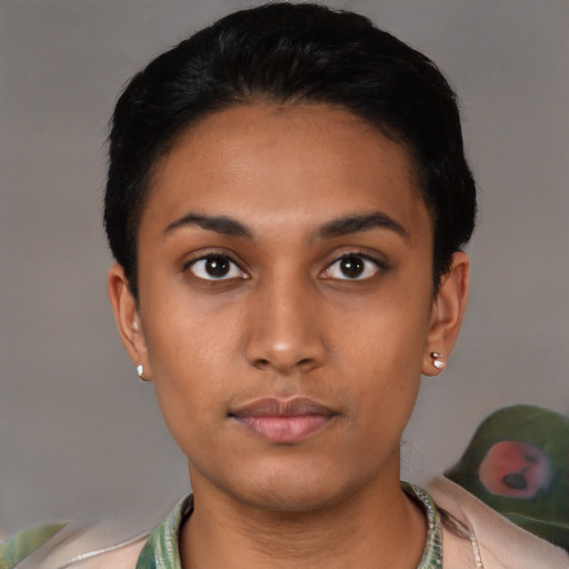 Neutral asian young-adult female with short  black hair and brown eyes