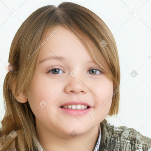 Joyful white child female with medium  brown hair and blue eyes