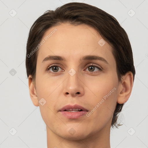 Neutral white young-adult female with short  brown hair and brown eyes