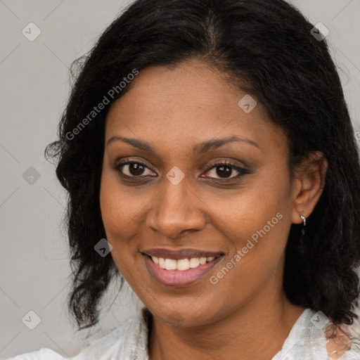 Joyful latino young-adult female with medium  brown hair and brown eyes