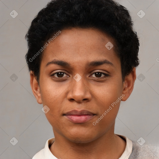 Joyful latino young-adult female with short  black hair and brown eyes