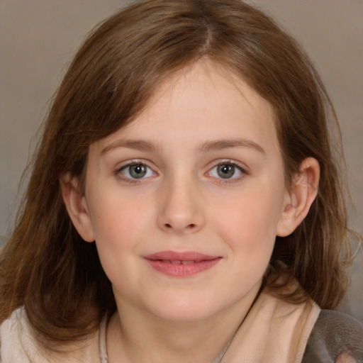 Joyful white child female with medium  brown hair and brown eyes