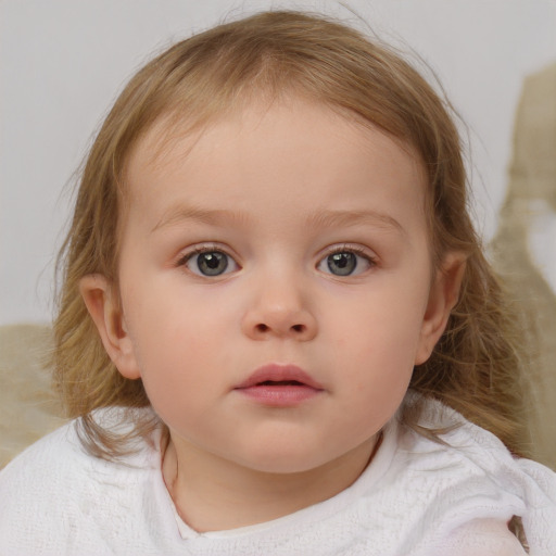 Neutral white child female with medium  brown hair and blue eyes