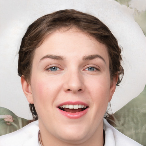 Joyful white young-adult female with medium  brown hair and blue eyes