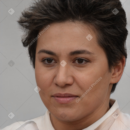 Joyful white adult female with short  brown hair and brown eyes