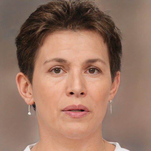 Neutral white adult female with short  brown hair and brown eyes