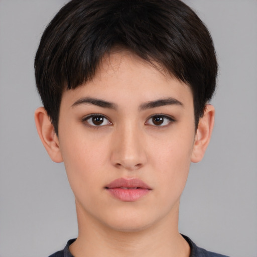 Neutral white young-adult female with short  brown hair and brown eyes