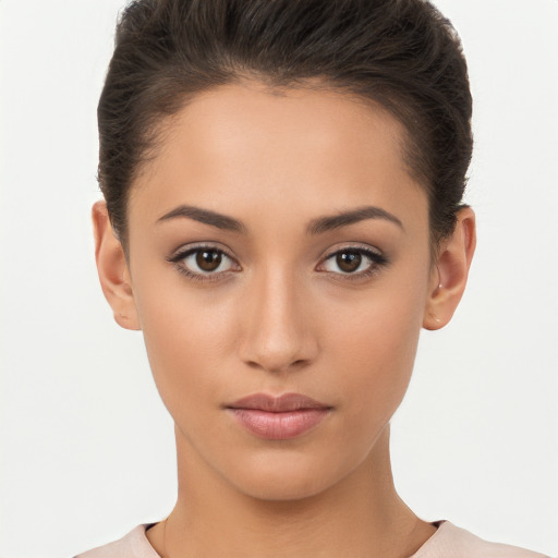 Neutral white young-adult female with short  brown hair and brown eyes