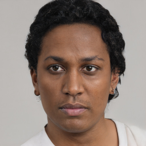 Neutral black young-adult female with short  black hair and brown eyes