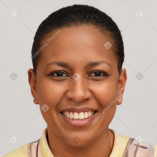 Joyful latino young-adult female with short  brown hair and brown eyes