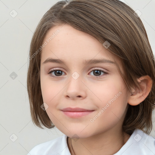 Joyful white child female with medium  brown hair and brown eyes