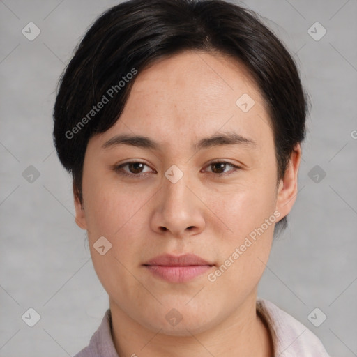 Neutral asian young-adult female with medium  brown hair and brown eyes