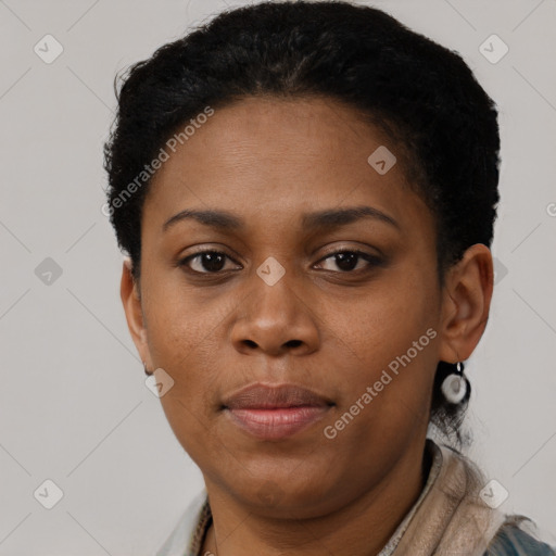 Neutral black young-adult female with short  brown hair and brown eyes