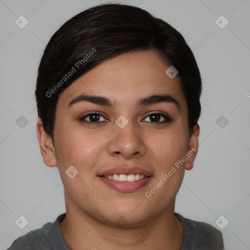 Joyful asian young-adult female with short  brown hair and brown eyes