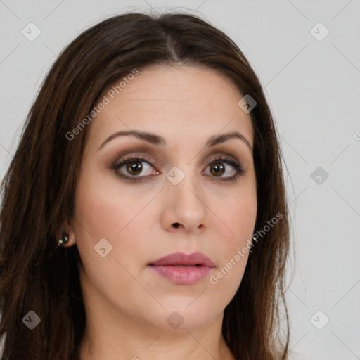 Neutral white young-adult female with long  brown hair and brown eyes