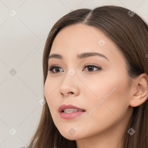 Neutral white young-adult female with long  brown hair and brown eyes