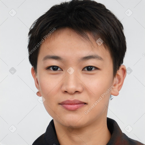 Neutral asian young-adult female with short  black hair and brown eyes