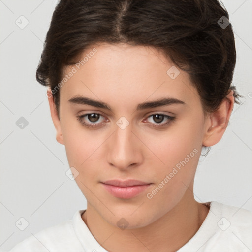 Neutral white young-adult female with short  brown hair and brown eyes