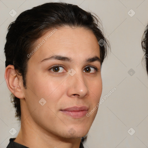 Neutral white young-adult female with medium  brown hair and brown eyes