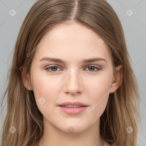 Neutral white young-adult female with long  brown hair and brown eyes