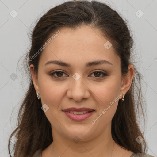 Joyful white young-adult female with long  brown hair and brown eyes