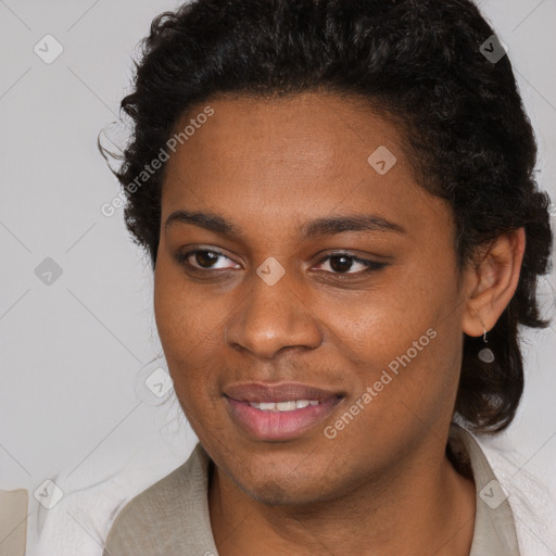 Joyful black young-adult female with short  brown hair and brown eyes