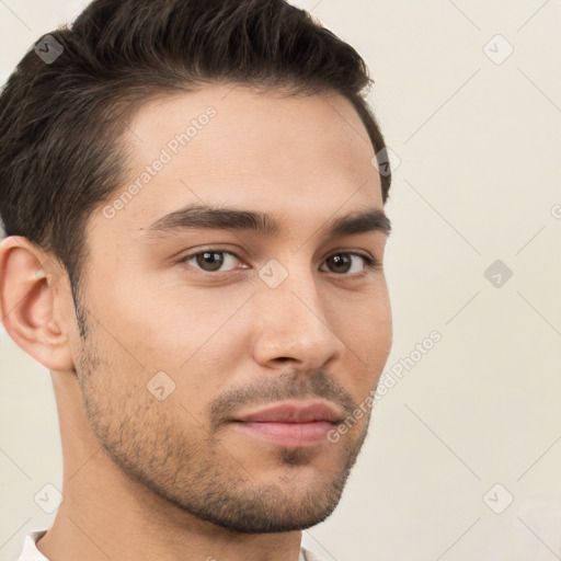 Neutral white young-adult male with short  brown hair and brown eyes