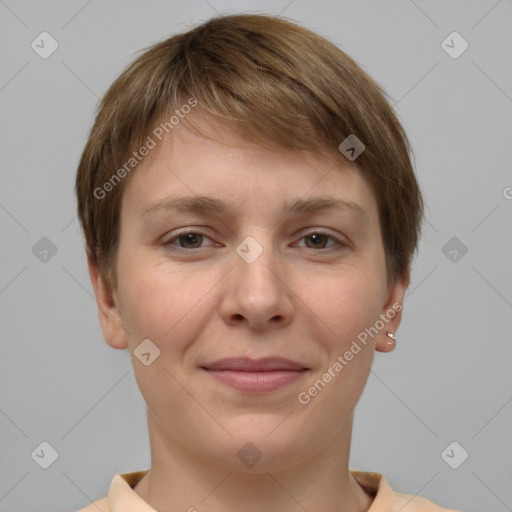 Joyful white young-adult female with short  brown hair and brown eyes