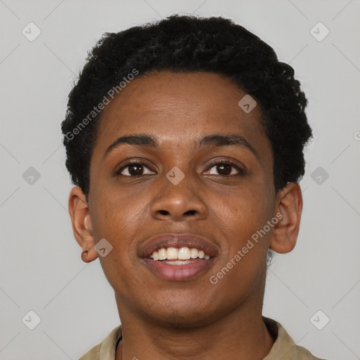 Joyful black young-adult female with short  black hair and brown eyes