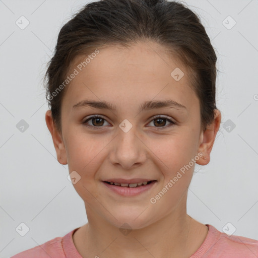 Joyful white child female with short  brown hair and brown eyes