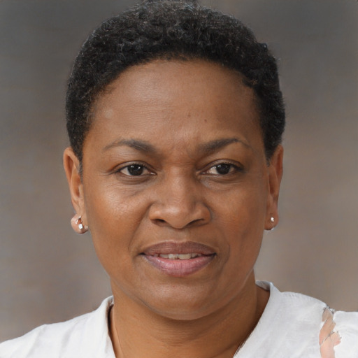 Joyful black adult female with short  brown hair and brown eyes