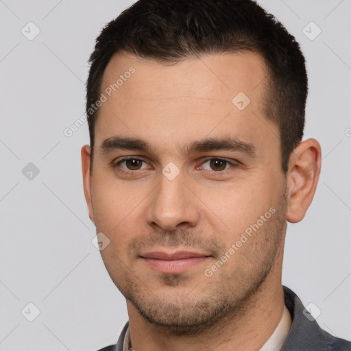 Joyful white young-adult male with short  brown hair and brown eyes