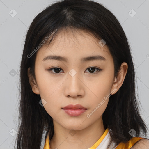 Neutral asian young-adult female with long  brown hair and brown eyes