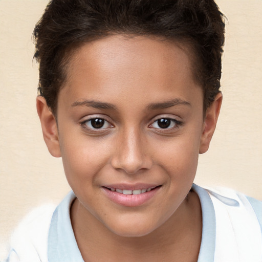 Joyful white child female with short  brown hair and brown eyes