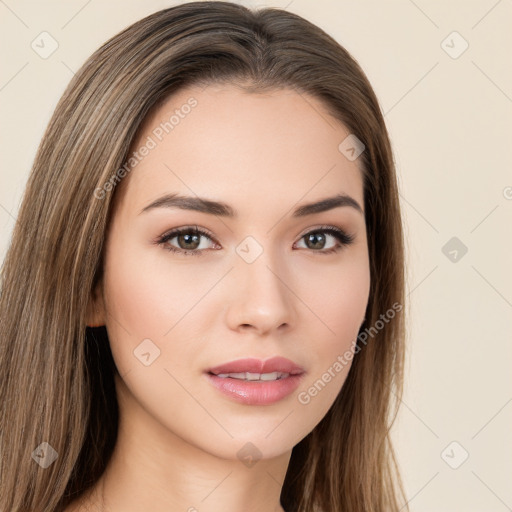 Neutral white young-adult female with long  brown hair and brown eyes