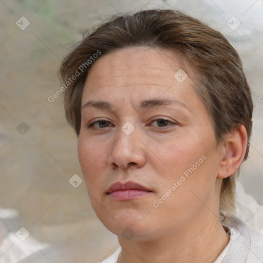 Neutral white adult female with short  brown hair and brown eyes