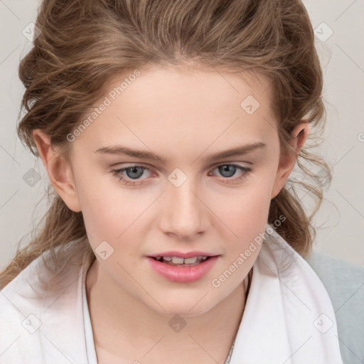 Joyful white child female with medium  brown hair and brown eyes