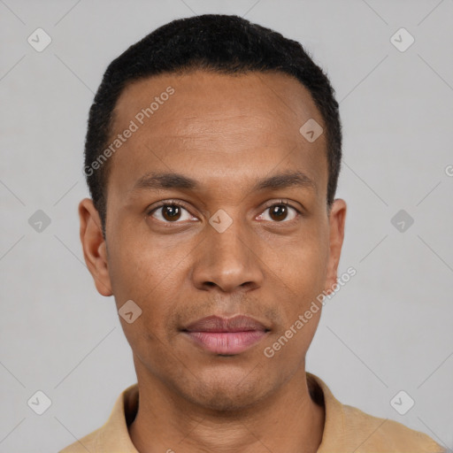 Neutral latino young-adult male with short  black hair and brown eyes