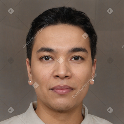 Joyful white young-adult male with short  black hair and brown eyes