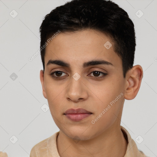 Neutral latino young-adult female with short  black hair and brown eyes