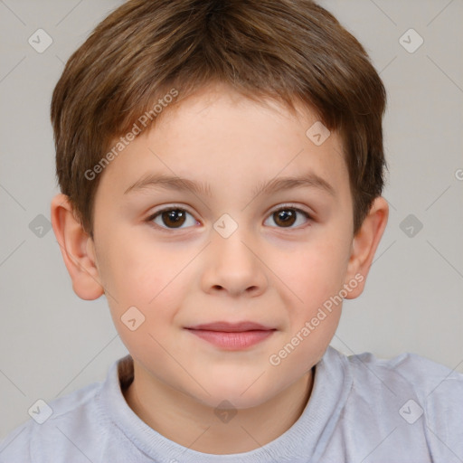 Joyful white child male with short  brown hair and brown eyes