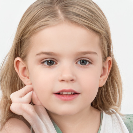 Neutral white child female with medium  brown hair and blue eyes