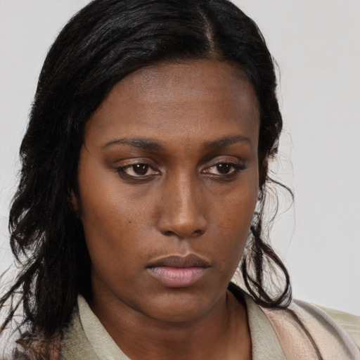 Neutral black young-adult female with medium  brown hair and brown eyes