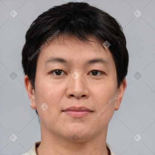 Neutral asian young-adult male with short  brown hair and brown eyes