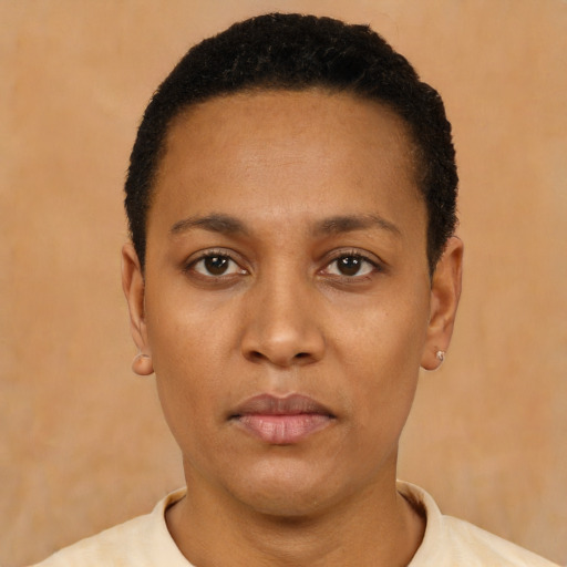Neutral latino young-adult female with short  black hair and brown eyes