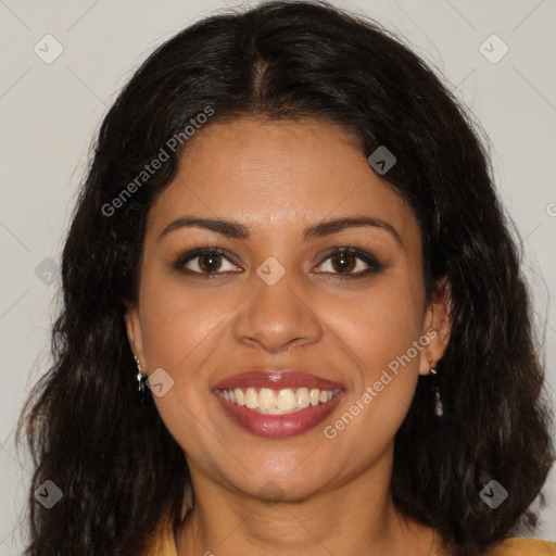 Joyful latino young-adult female with medium  brown hair and brown eyes